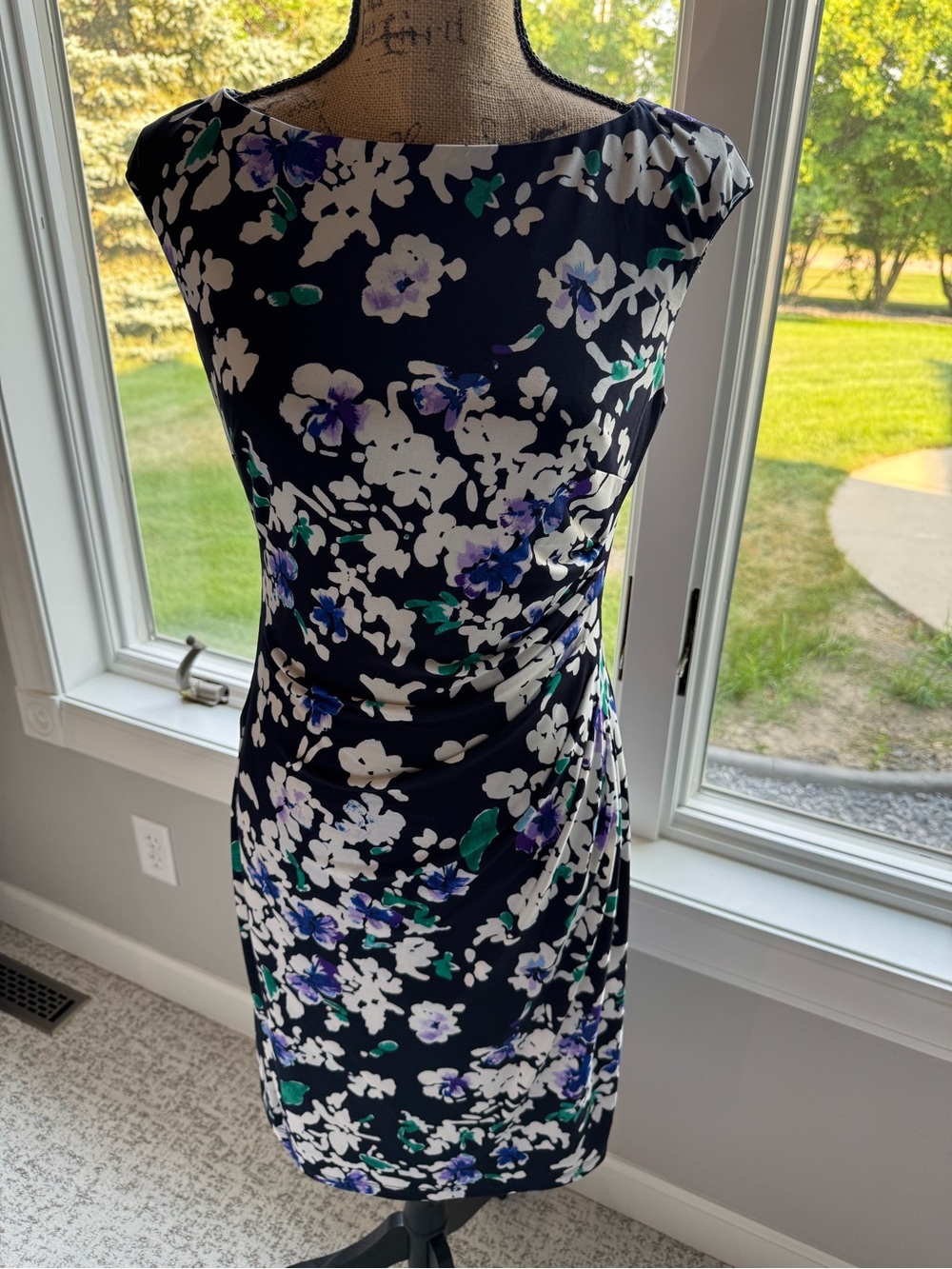 Ralph Lauren Navy Floral Sheath Dress with White, Purple and Green Print